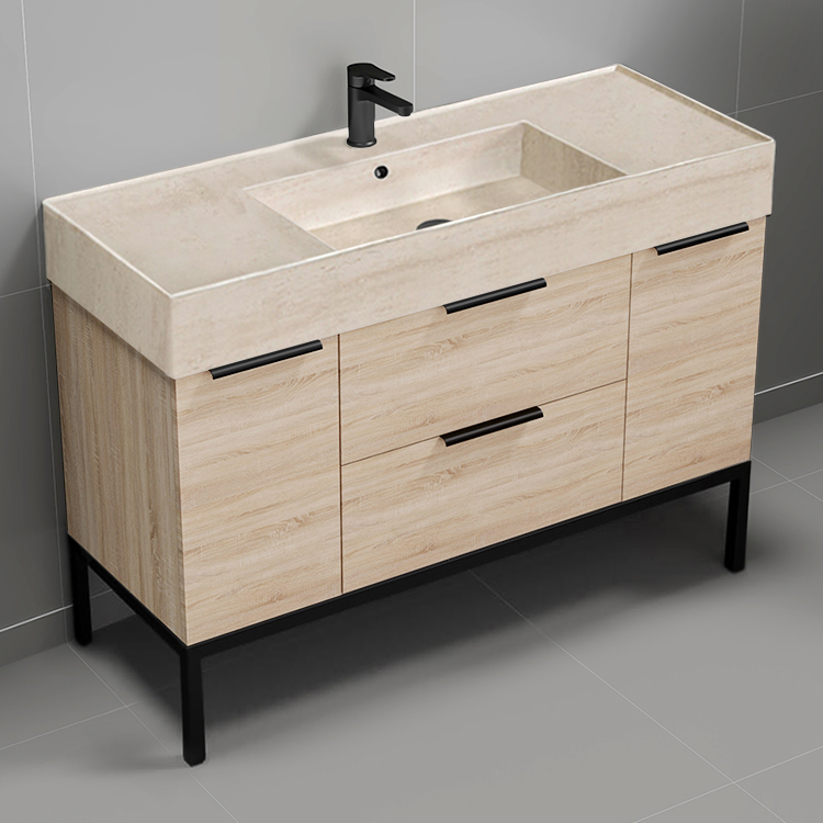 Nameeks DERIN824 Modern Bathroom Vanity With Beige Travertine Design Sink, Free Standing, 48 Inch, Brown Oak